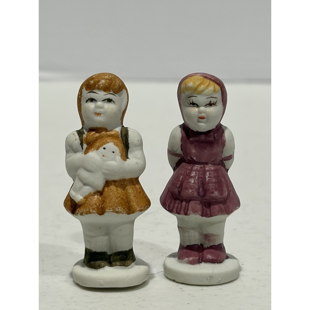 Vintage Japan Chalkware Girl Figurines Pair Mid Century Nursery Sisters
